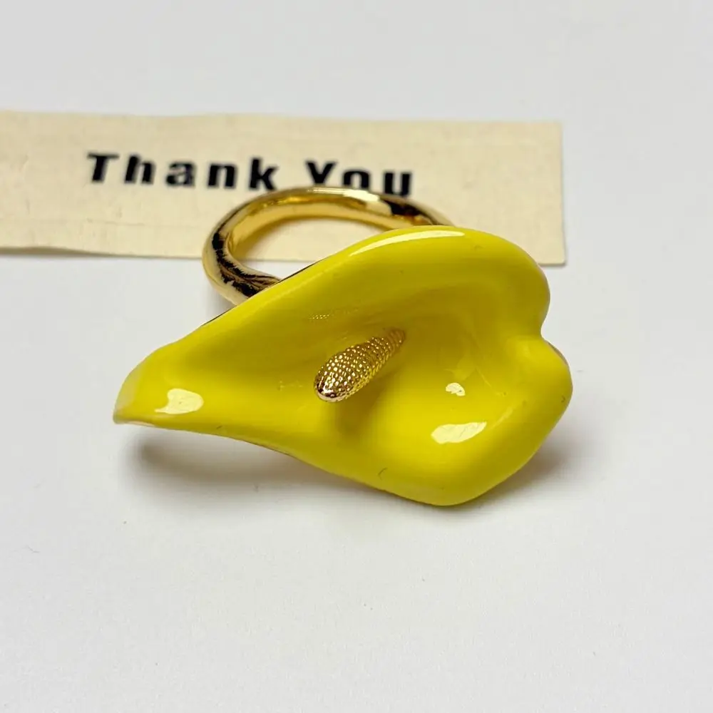 Elegant Adjustable Enamel Calla Flower Ring Metal Colorful Geometric Open Ring Delicate Opening Vintage Ring Party