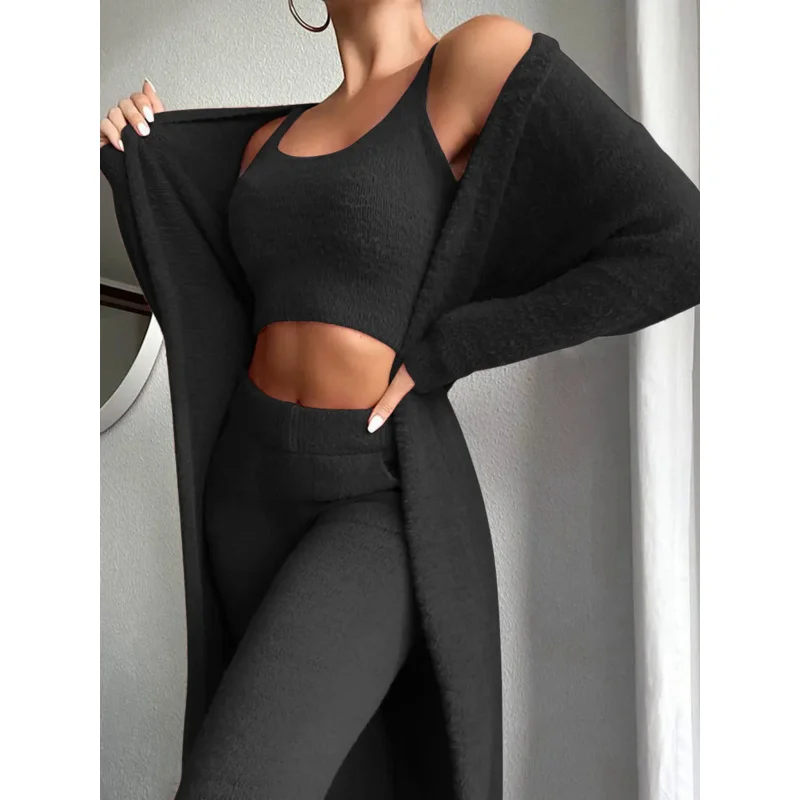 Women Knitted Plush Comfy Outfit Set Lounge Wear Plush Crop Top And Cardigan And Long Trousers Pants Pajamas 3 Piece Set