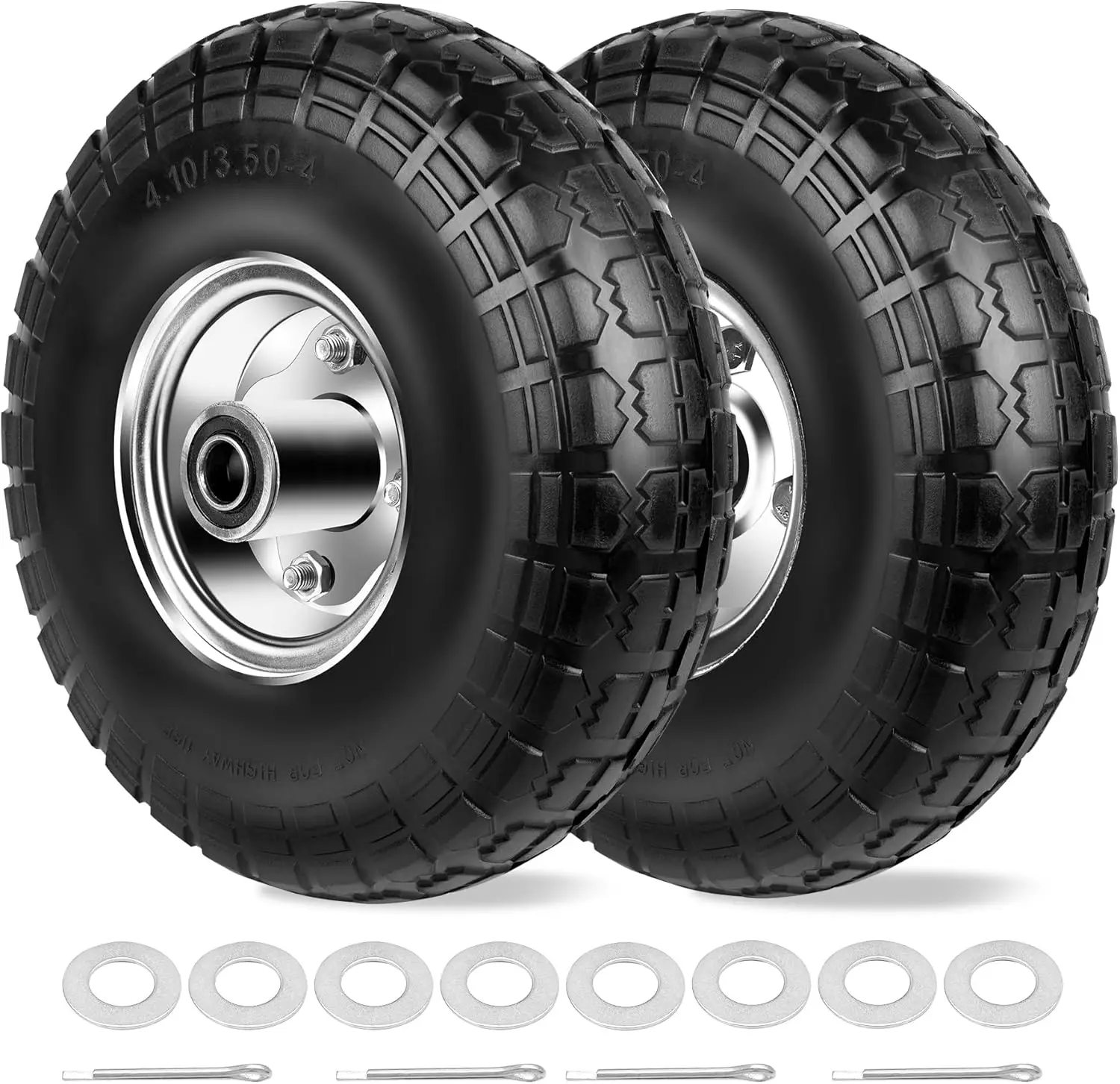 

10" Solid Flat Free Tires 4.10/3.50-4 with 5/8" Axle, 8 Spacers & 4 Pins for Garden Cart, Wagon, Wheelbarrow