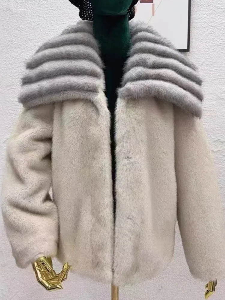 [EWQ] ผู้หญิงยุโรปหนาเสื้อFaux Sheepskin Coats Elegant Faux Mink Fur TopหลวมOutwear Big Turn-Down Collarฤดูหนาว 2024