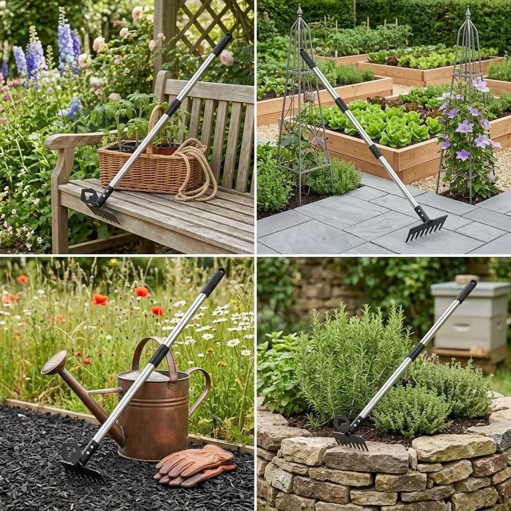 Ground Clearing Rake with Dual Working Ends and Stainless Steel Telescoping Handle for Reduced Bending During Yard Work
