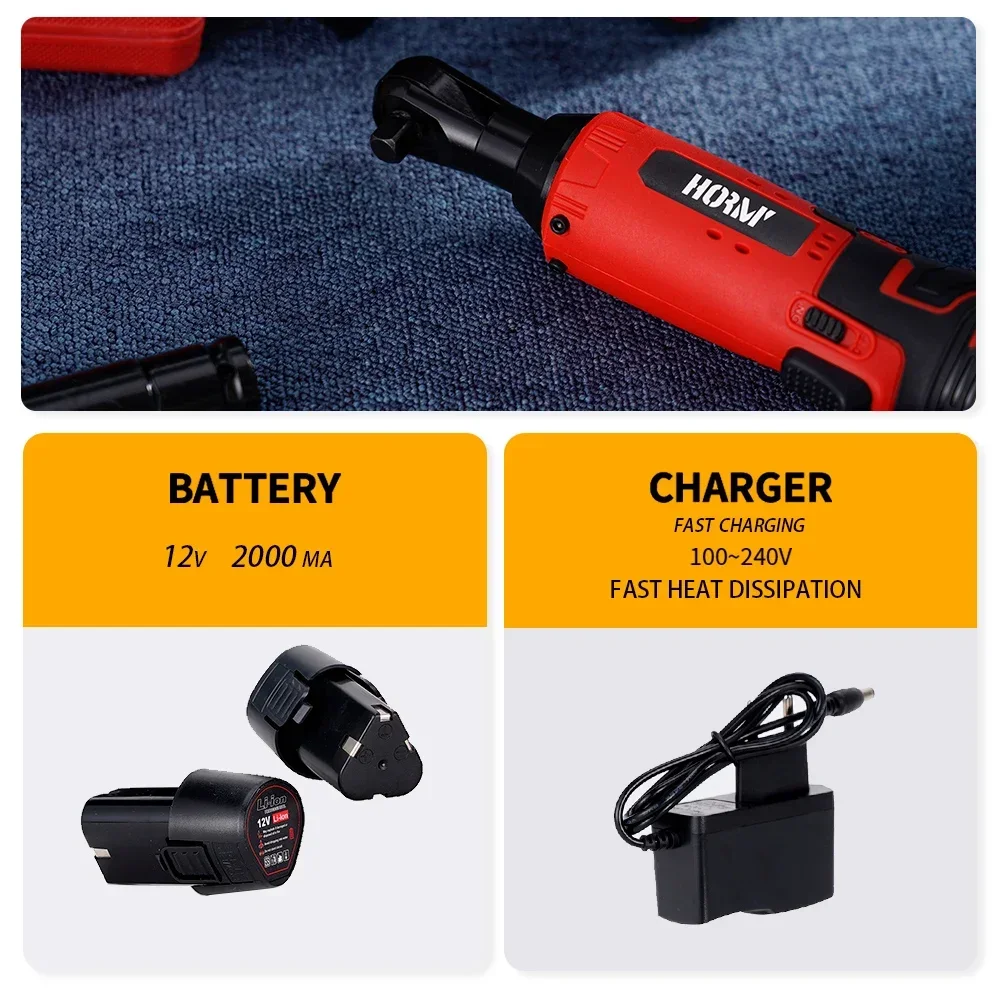 48N.m Cordless Electric Wrench 12V Rechargeable 3/8 Ratchet Wrench Angle Drill Screwdriver to Removal Screw Nut Car Repair Tool