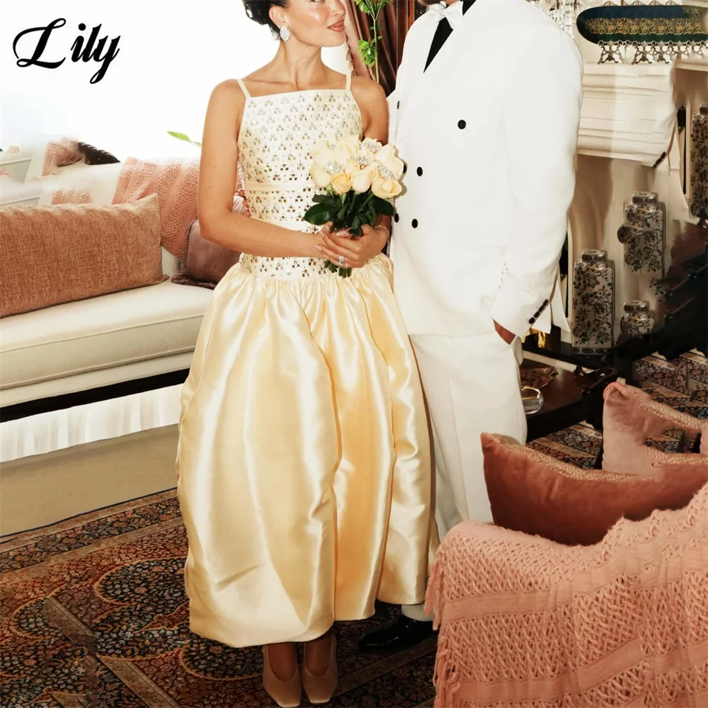 Lily Yellow Prom Dresses Spaghetti Strap A Line Formal Dresses with Crystal Bodice Modest Party Dresses for Women Customized