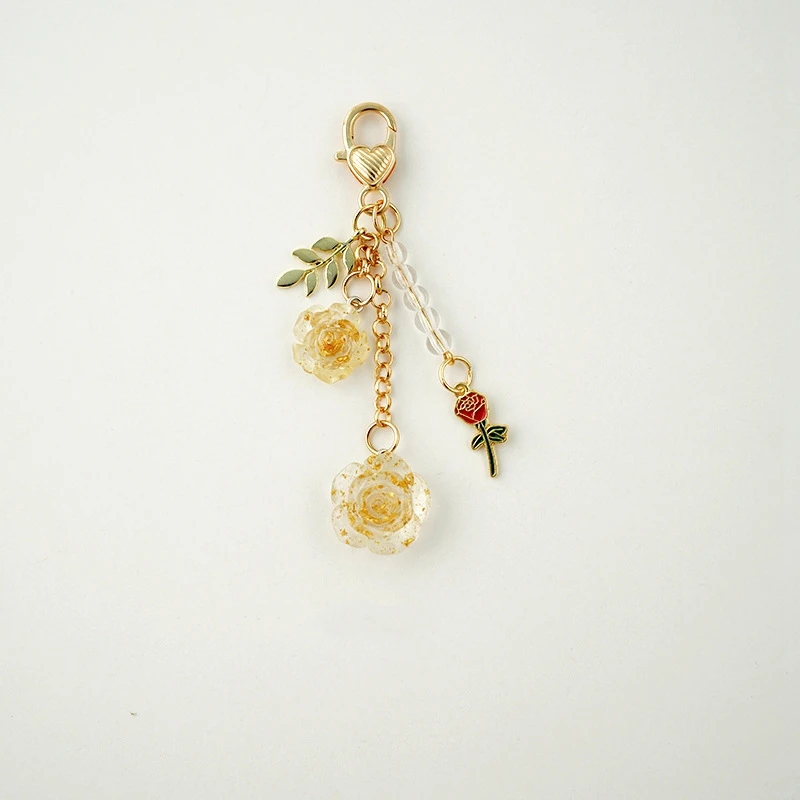 Rose Camellia Keychain Women Girls Sweet Pearl Tassel Flower Keyring With Metal Leaf For Earphone Case Bag Decoration