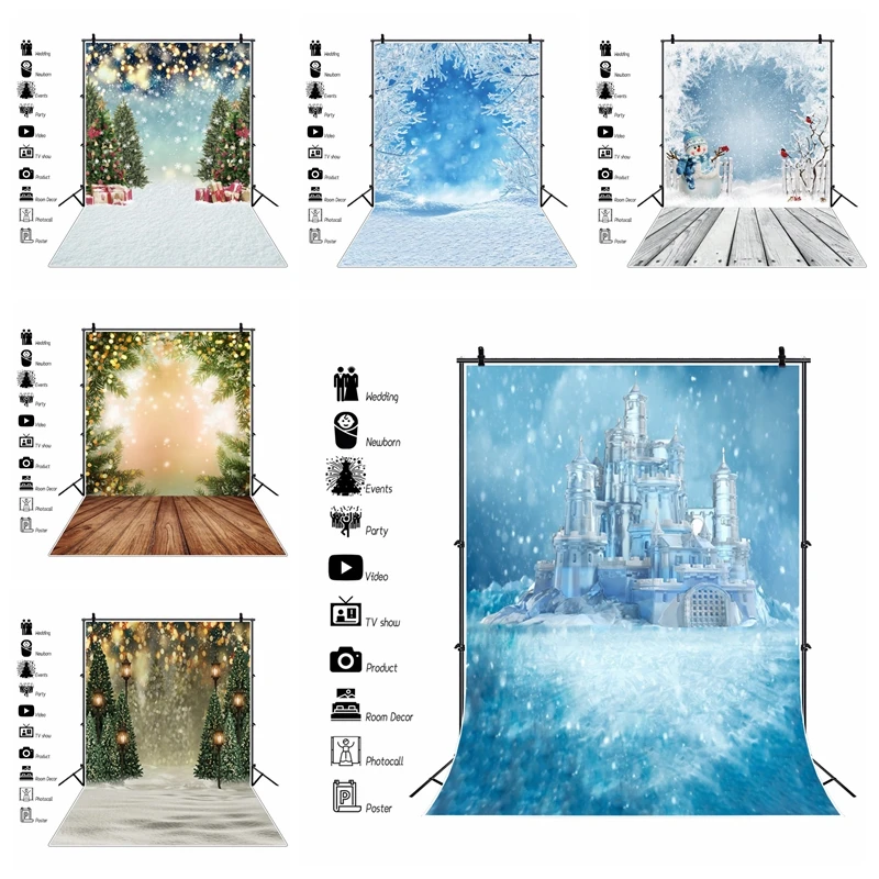 Winter Snow Scenery Christmas Photography Backdrop Glitter Snowflake Forest Xmas Tree Wood Floor Baby Portrait Photo Backgrounds