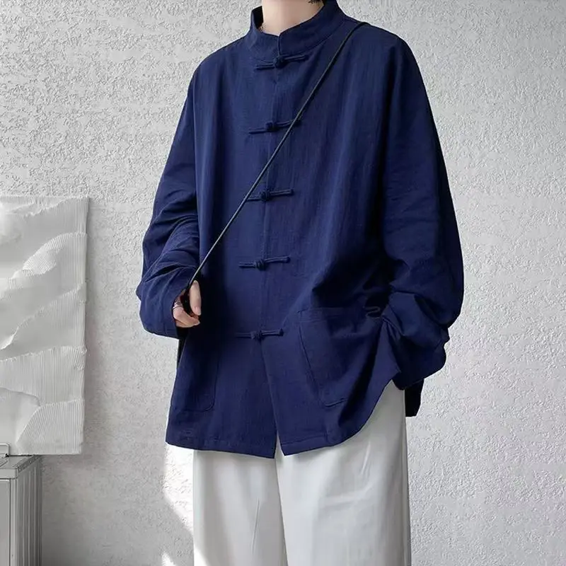 Men Improved Hanfu Cotton Qipao Top Spring Autumn Casual Outwear Traditional Chinese Clothing Big Size Kung Fu Jacket Shirt