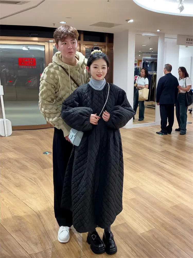 

Утепленное женское хлопковое пальто средней длины с ромбовидным узором, весеннее, модное, новое, в корейском стиле, свободного кроя, с длинными рукавами