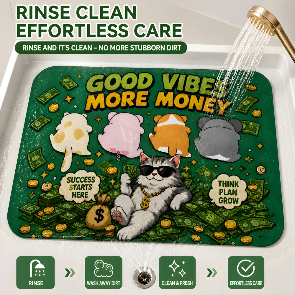 Good Vibes More Money Printed Floor Mat Cute Cartoon Cat Money Pattern Non‑Slip Door Mat for Bedroom Entrance Home Decor Gift