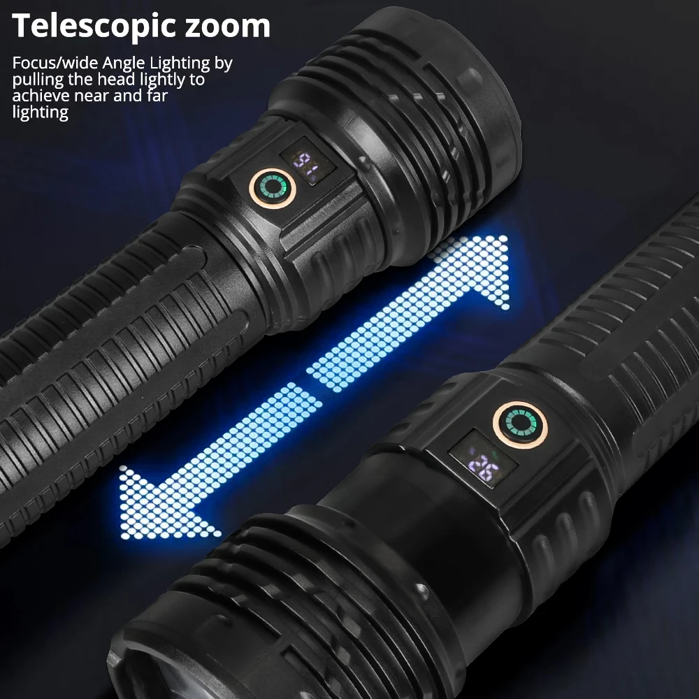 Powerful Led Flashlights 5000LM Ultra Bright Tactical Light with Tail Light Emergency Telescopic Zoom Light Built-in Battery