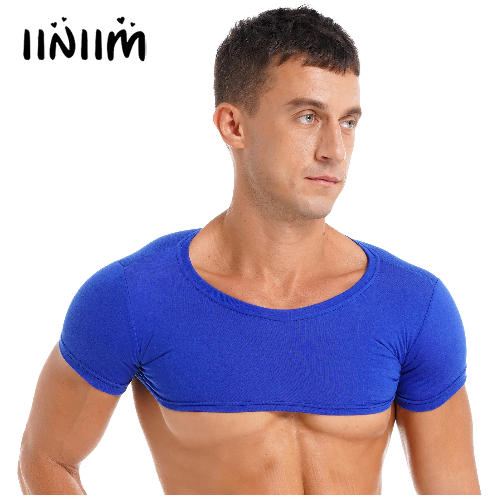 Mens Male Short Sleeve Basic Pullover Crop Top Party Club Dance Round Neck Half Causal T-Shirt Casual Solid Color Gym Tank Tops