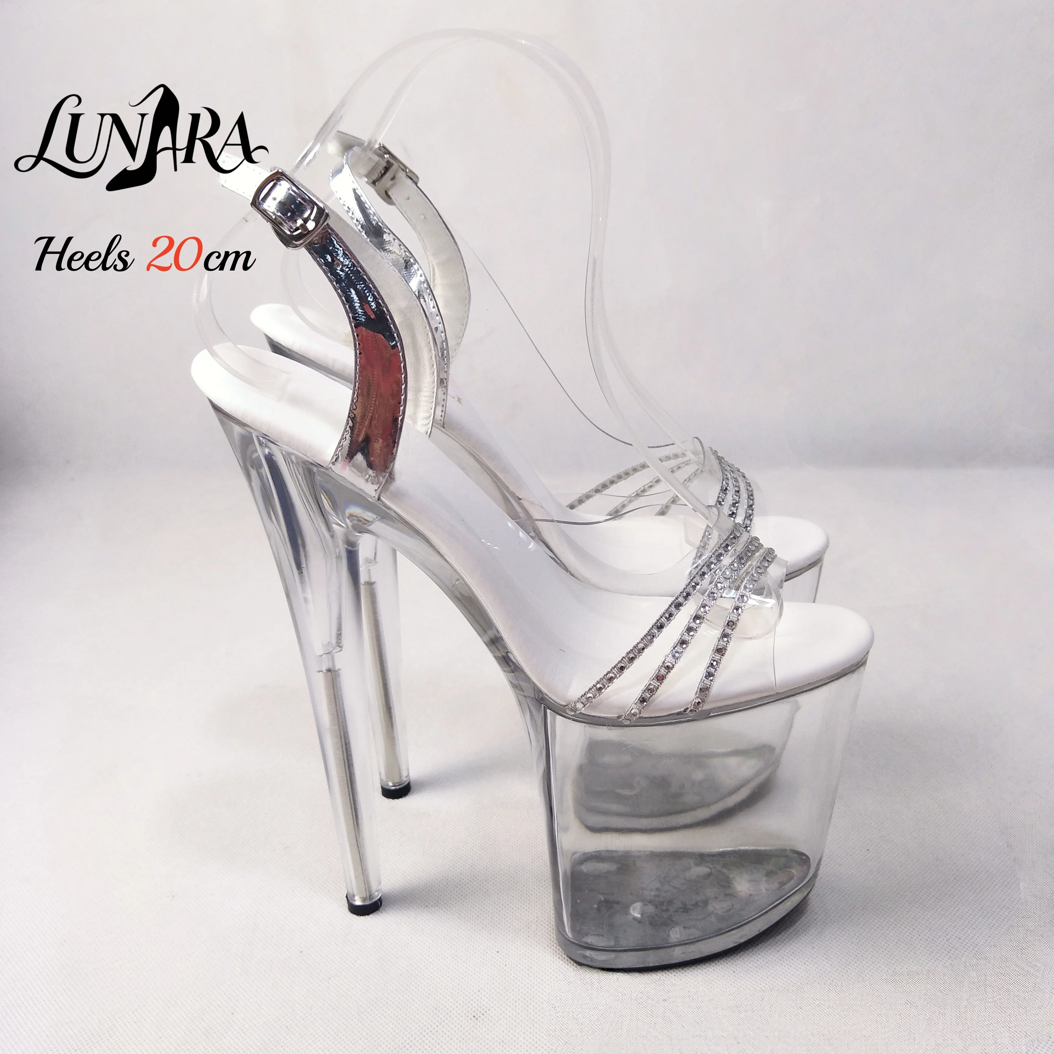 Womens 20cm/8Inch Clear Rhinestone Ankle Strap Buckle Open Toe Platform Stilettos Sandals Stripper shoes Exotic Pole dance Club view 5