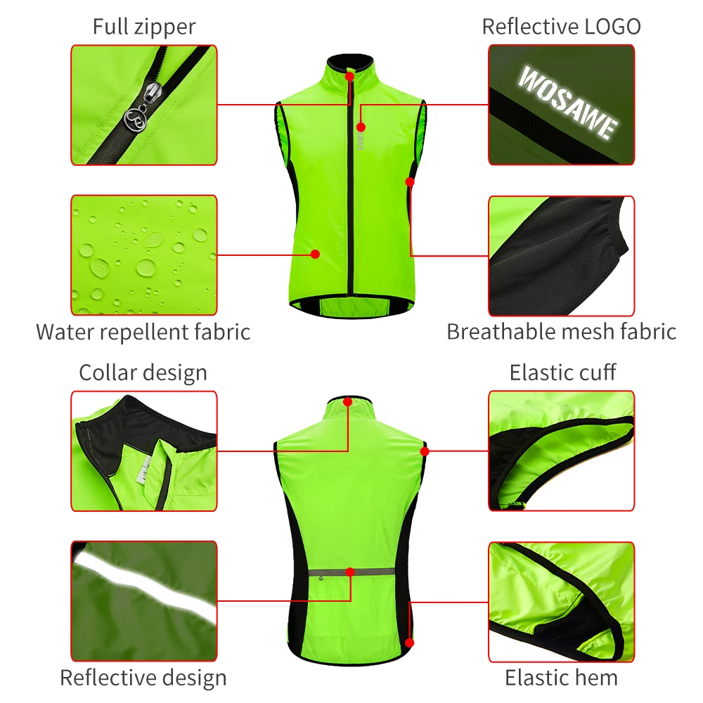 WOSAWE Windproof Men Cycling Jackets Rain Repellent Sleeveless Reflective Waistcoat MTB Bike Outer Jersey Windbreaker Clothing