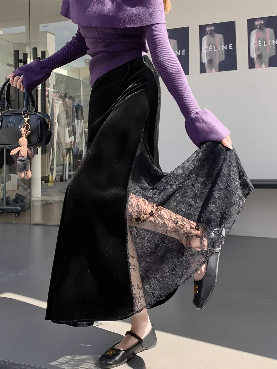 

Кружевная и бархатная юбка-миди, женские облегающие длинные юбки трапециевидной формы с высокой талией 2025 года, осенне-зимняя юбка с элегантностью в стиле Хепберн