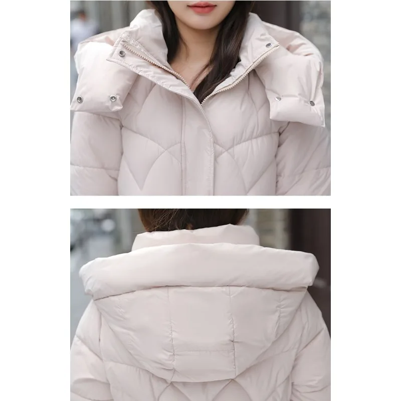 2023 New Women Down Cotton Coat Winter Jacket Female Mid-length Slim Parkas Thicken Simple Commuter Outwear Hooded Overcoat