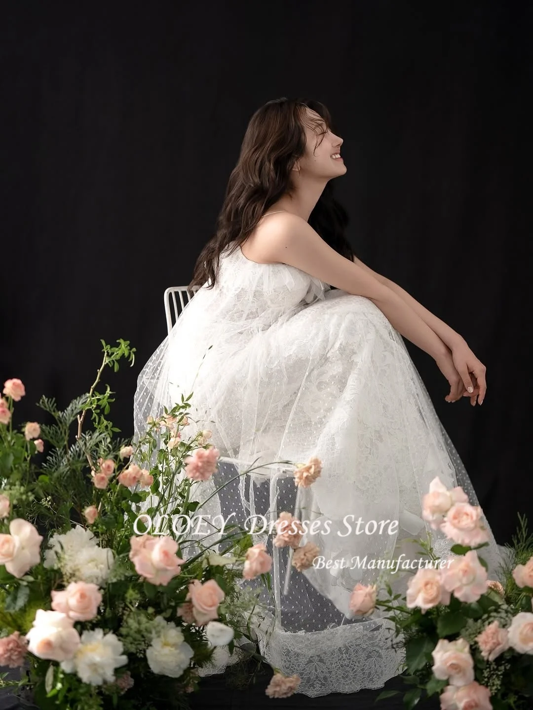 OLOEY Elegante Spaghetti Trouwjurken Plooien Tule Vloerlengte Bruidsjurken Cape Mouwen Aangepaste Corset Terug