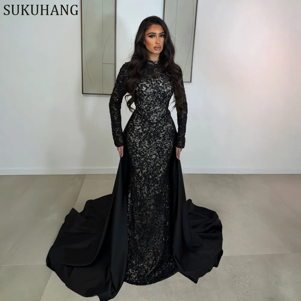 

Роскошные вечерние платья SUKUHANG для женщин, элегантные платья для вечеринок, индивидуальный пошив, кружевное черное платье-русалка, роскошное платье для выпускного вечера, Дубай
