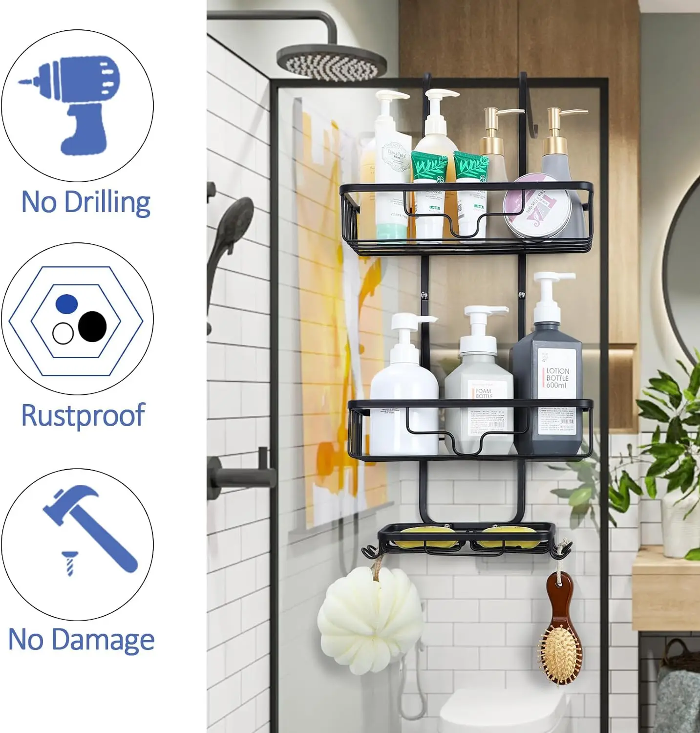 Over the Door Shower Caddy,3 Tier Hanging Shower Organizer Shelf for Bathroom,Aluminum Shower Storage Rack with Hook&Soap Holder