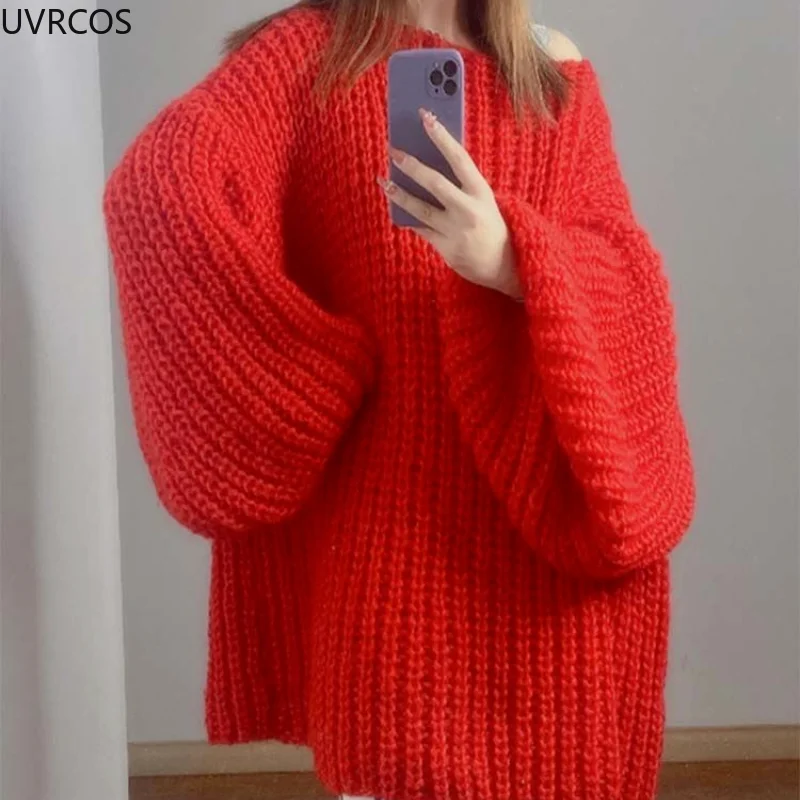 New Loose Knitted Sweater Solid Color Women Autumn Winter Fashion Pullovers Female Casual Mohair Knitwear Coat Long Sleeve Tops