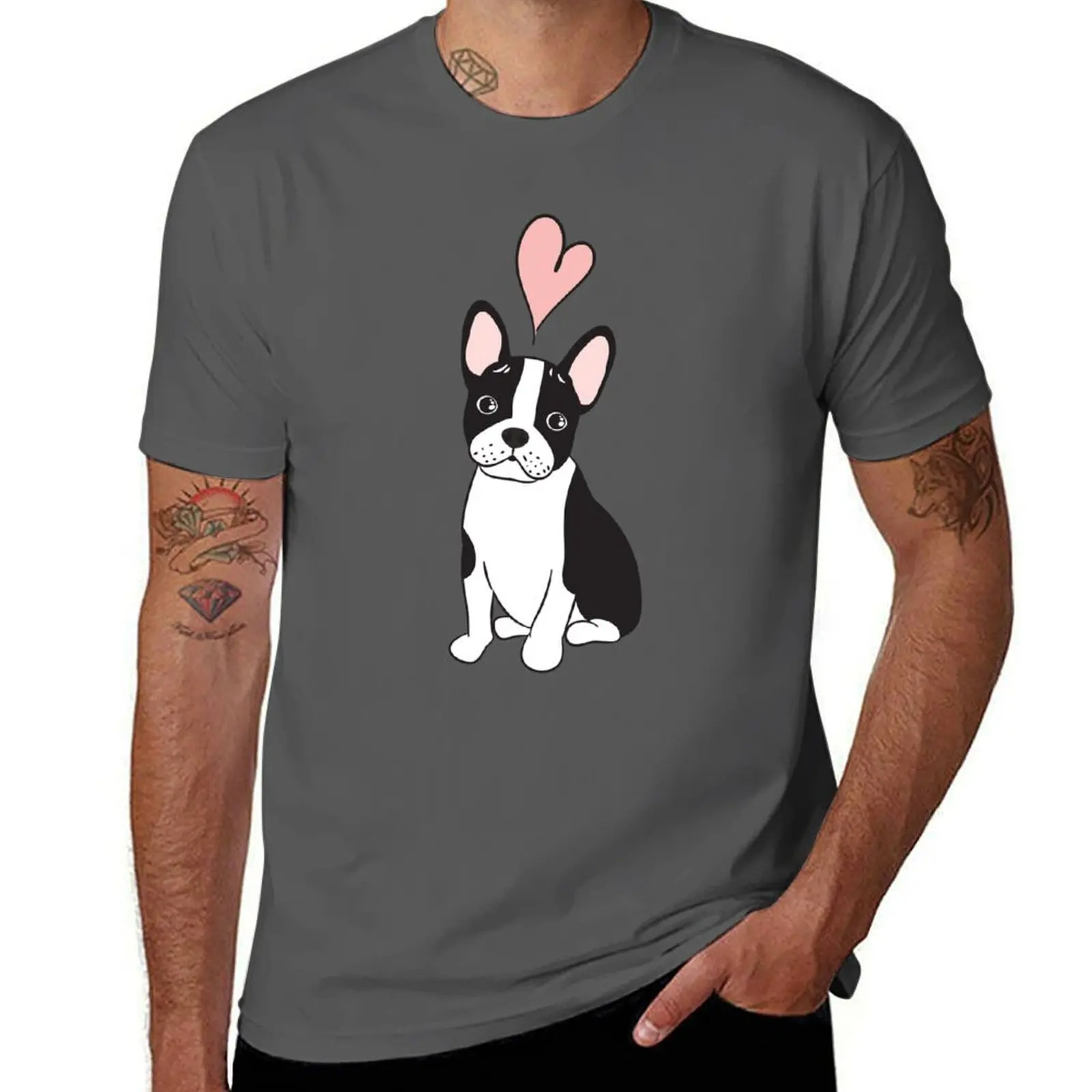 

LOVE Black Frenchton Boston Terrier French Bulldog Mix 3 T-Shirt cute tops customizeds t shirt men 100℅ cotton