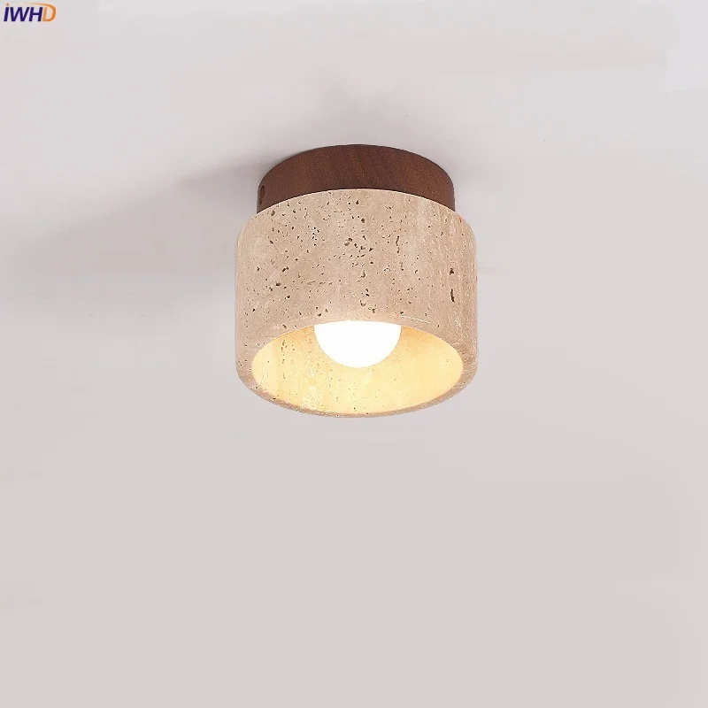 

IWHD Wood Canopy LED Ceiling Lamp Modern Minimalism Living Room Bathroom Aisle Stair Yellow Travertine Ceiling Light Plafonnier