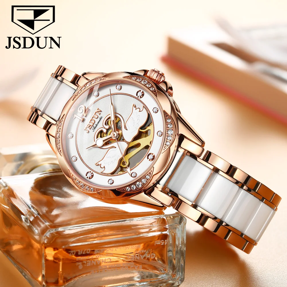 JSDUN 8831 Luxury Hollow Mechanical Watch For Women Ceramic Steel Strap Waterproof Hand Clock Sapphire Mirror Automatic Watches