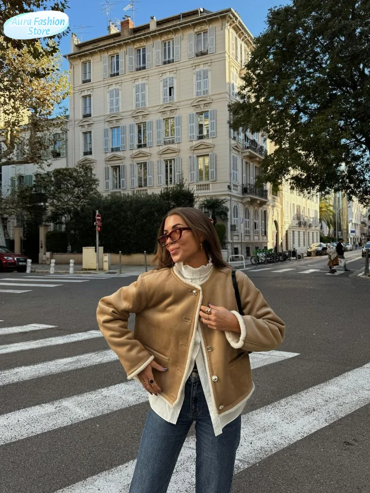 

Женское элегантное меховое лоскутное пальто, повседневное однобортное пальто с круглым вырезом и карманами, свободная короткая верхняя одежда, осенние женские офисные пальто