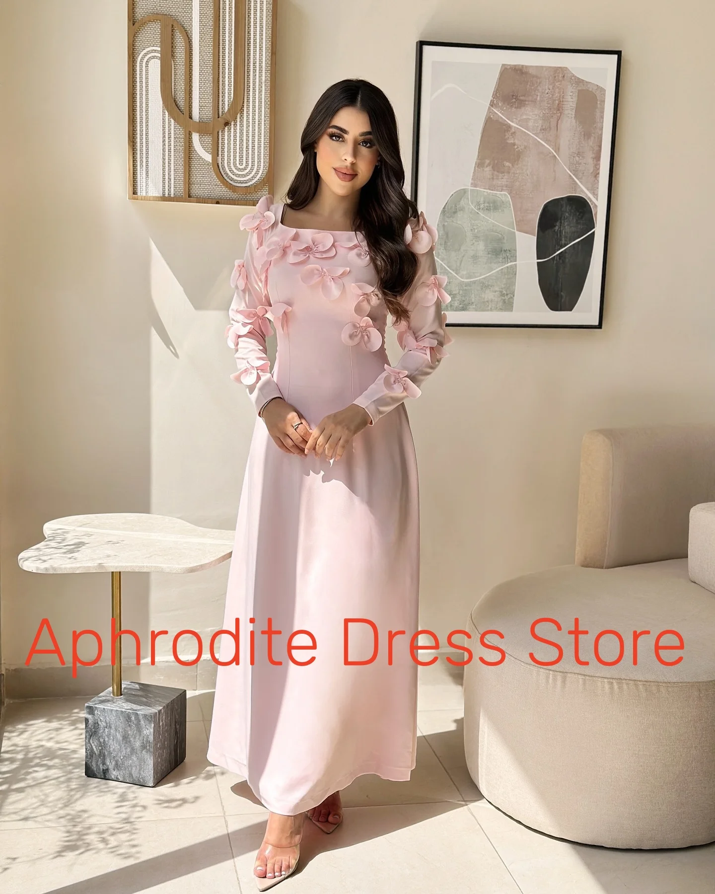 Customized Graceful Jersey 3D Flowers Evening Dresses Delicate Long Sleeves Square Neck Cocktail Dress Custom Size Par