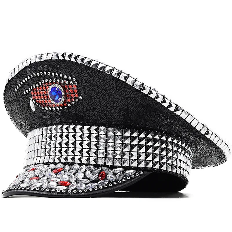 

Wedding Leather Hat Black Sequined Diamond Photography Hat Versatile Party Carnival Flat Top High Top Performance Hat