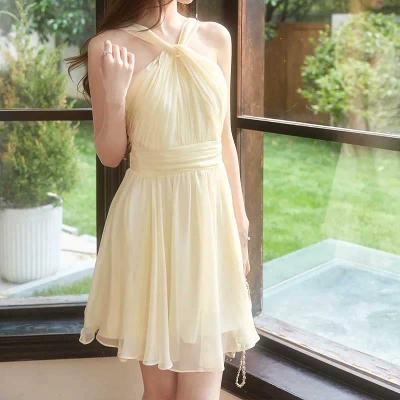 Summer French-Style Cross-Neck Pure Desire Silk Halter Dress for Women
