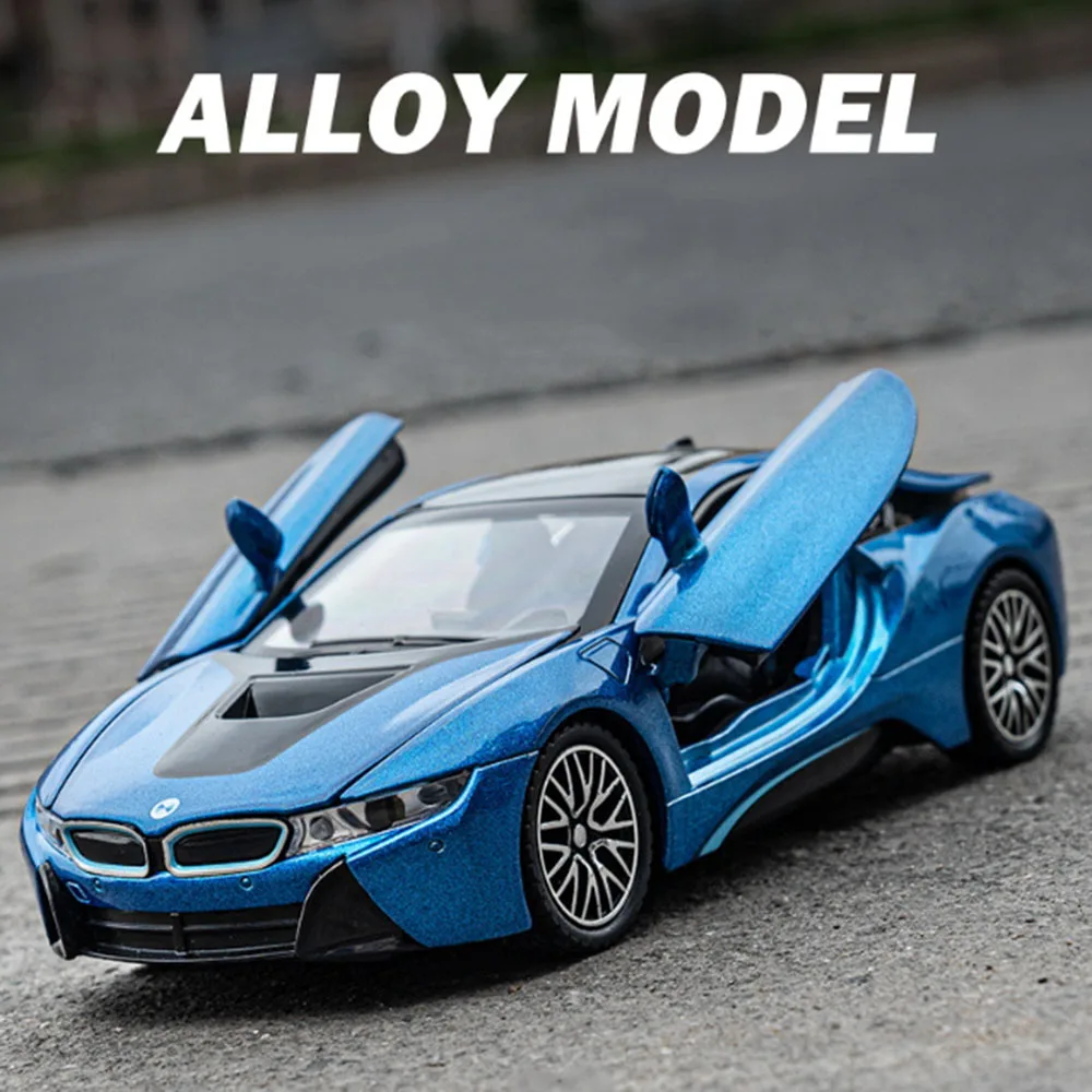 1:32 Scale BMW I8 Alloy Sports Model Miniature Car Toy Diecast Metal 4 Doors Opened Sound Light Vehicles for Child Birthday Gift