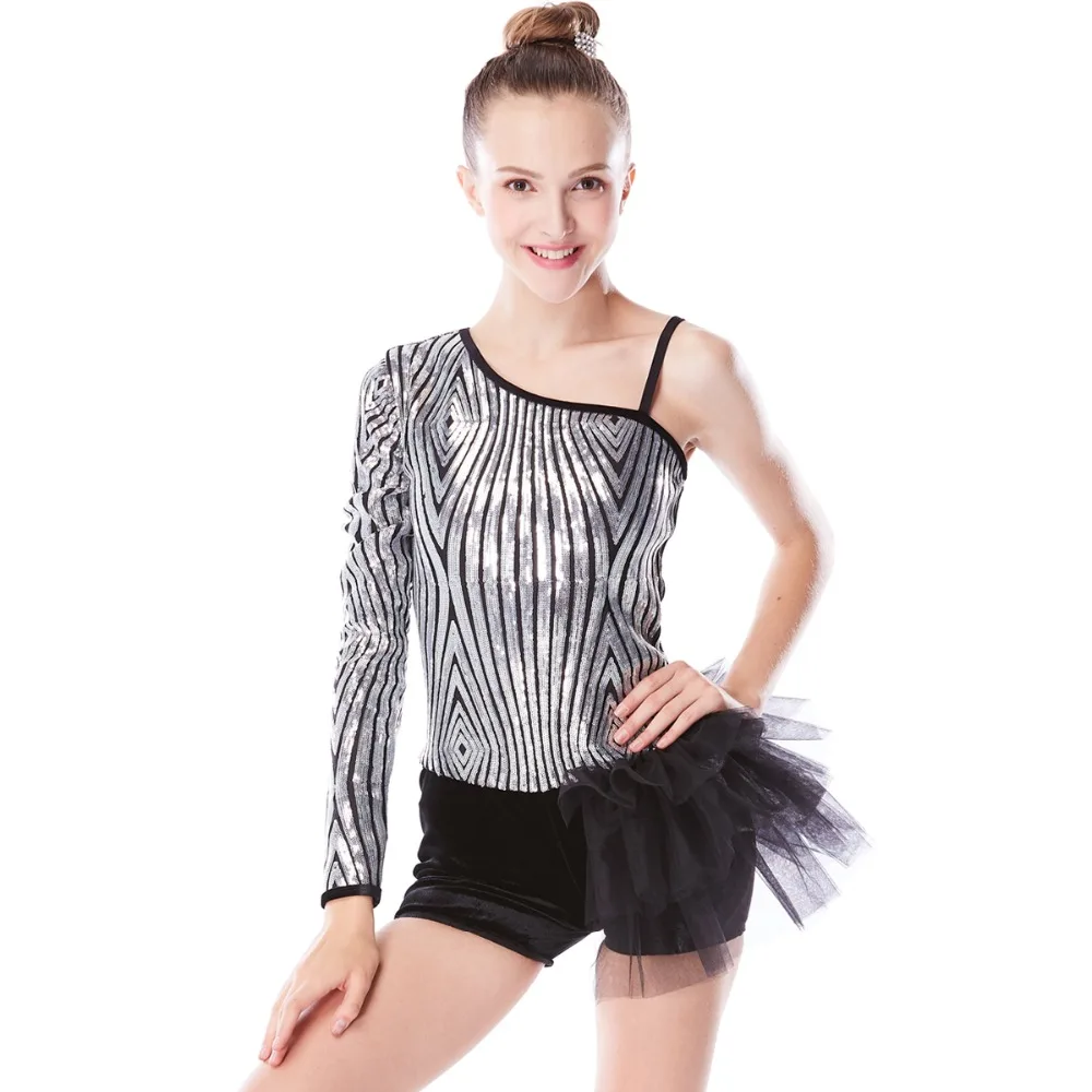 MiDee Dance Costume Jazz Biketard Asymmetrical One Sleeve Geometric Pattern Sequins with Velvet Shorts and Side Bustle Attached