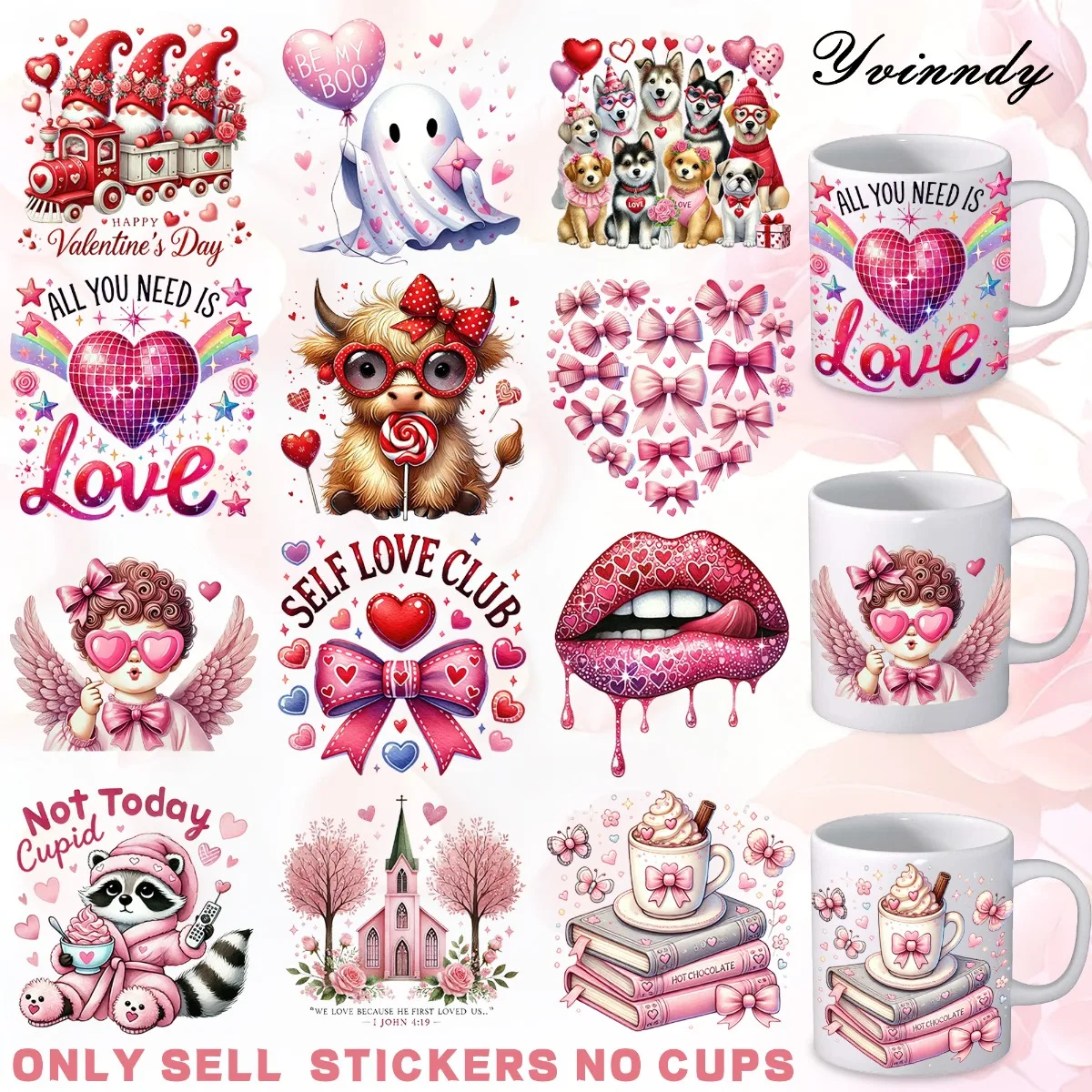 12PCS/SET Valentine's Day Animals DIY Light Beigeny Tumblers Wrap Decorative Transfer Paper UV DTF High Self-adhensive Wraps