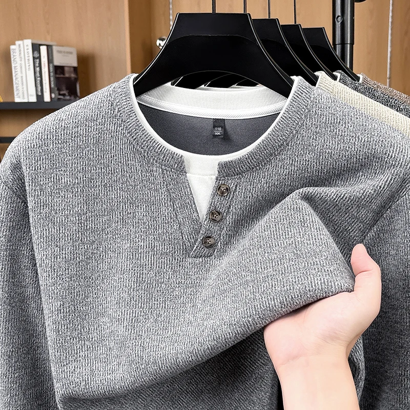 High End Spring Autumn Sweater V-Neck Fake Two-Piece Button Design Fashion Brand Korean Simple Casual Comfort Knitted Pullover