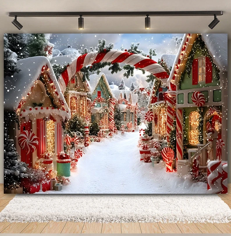 Winter Kerst Fotografie Achtergrond Kerst Stad Snoep Huis Krans Boog Decoratie Jongens Meisjes Portret Achtergrond Fotostudio