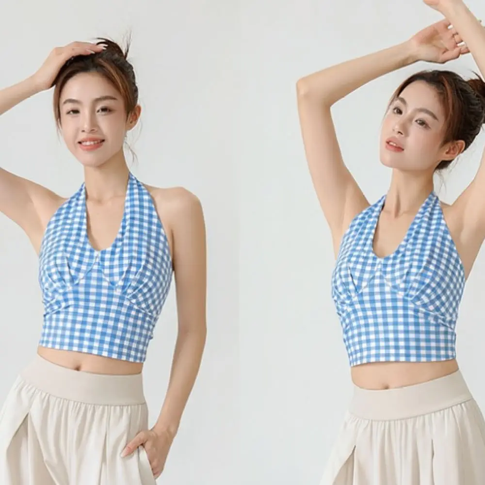 For Queang V Neck Plaid Halter Yoga Bra Slim Fit Cropped Tank Top Quick Dry Breathable Fitness Workout Running Vest