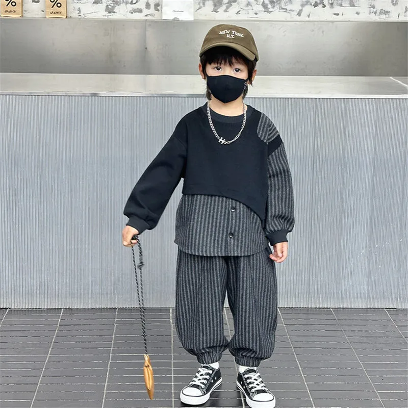 

2025 Stripe Spring Autumn Cotton Sportswear Suit Tracksuits Outfits Children Cloth Boys Blouse +Pants Kids Suits Cotton 2PCS/Set