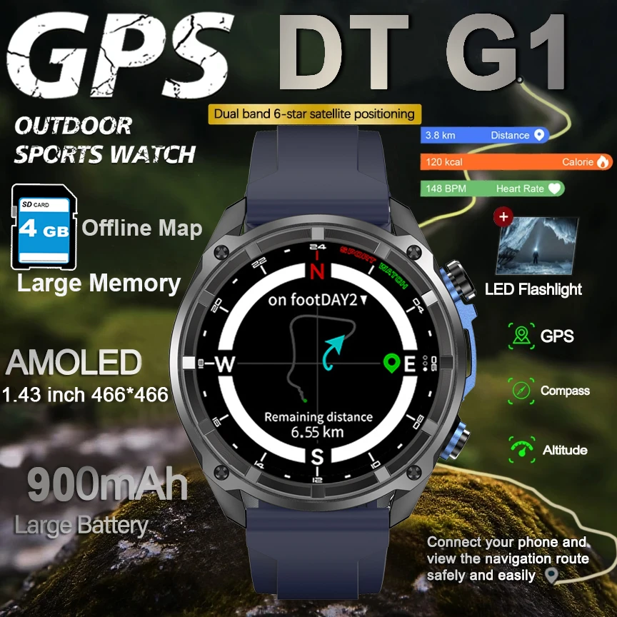 

Спортивные GPS часы на открытом воздухе AMOLED 5ATM Водонепроницаемые часы для плавания Corning Gorilla Glass 4 ГБ Память Местная музыка TWS GPS Карта Smartwatch