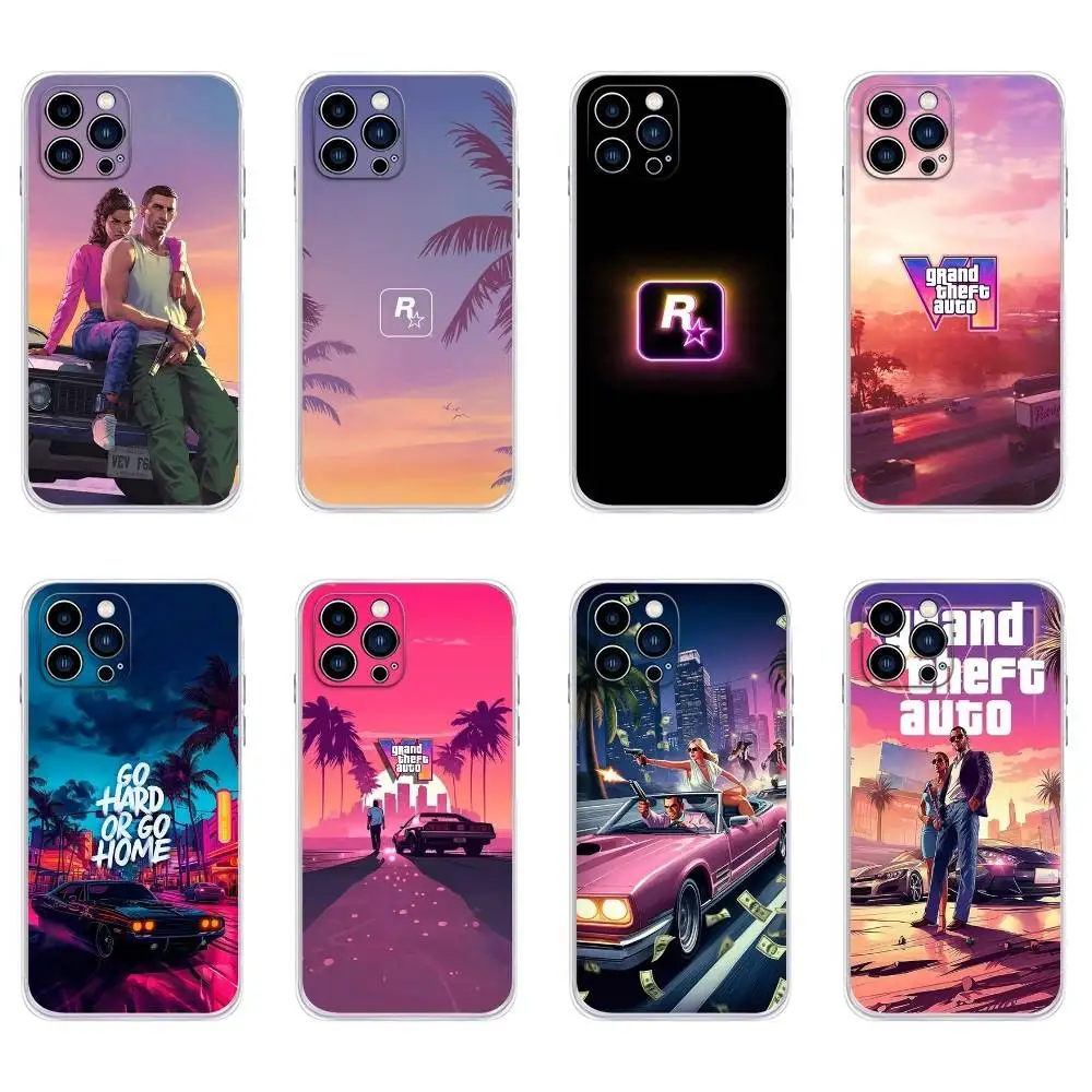 حافظة هاتف GTA 6 Game Grand Theft Auto لهاتف iPhone 16,15,14,13,12,11 Plus، Pro، Max، XR، XS، Plus، E، غطاء ناعم شفاف صغير