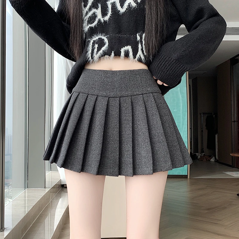 2026 New Sweet Spicy Woolen Pleated Mini Skirt Women High Waist A-Line Short Skirt Autumn Winter All-match Skort With Liner