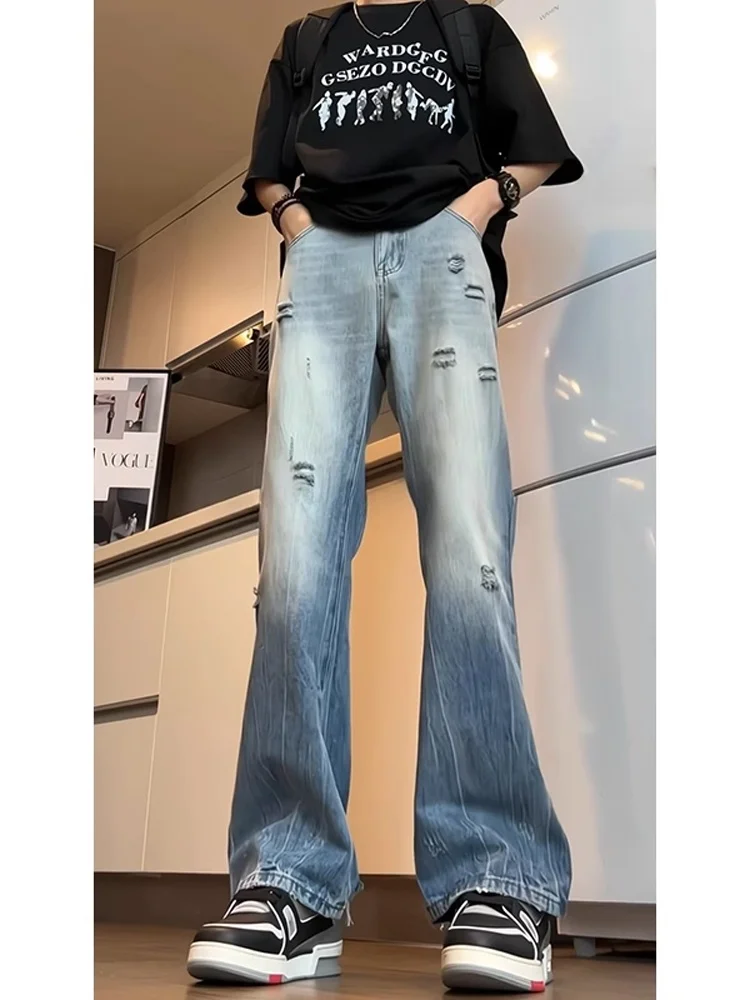 

Мужские джинсы Waed Vintage с бамбуковой текстурой, американские, в стиле High Street, прямые, слегка расклешенные, с дырками