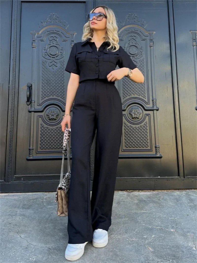 여성용 반팔 셔츠 상의 및 바지 세트, 캐주얼 운동복 세트, 패션 2 피스 세트, 2024 여름 의류