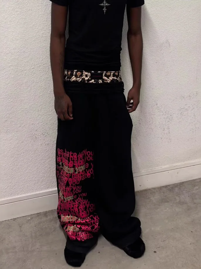 

Men's Loose Fit Printed Letter Patchwork Design Double Waist Hip Hop Sle Long Pants Casual Trousers Breathable Straight Leg