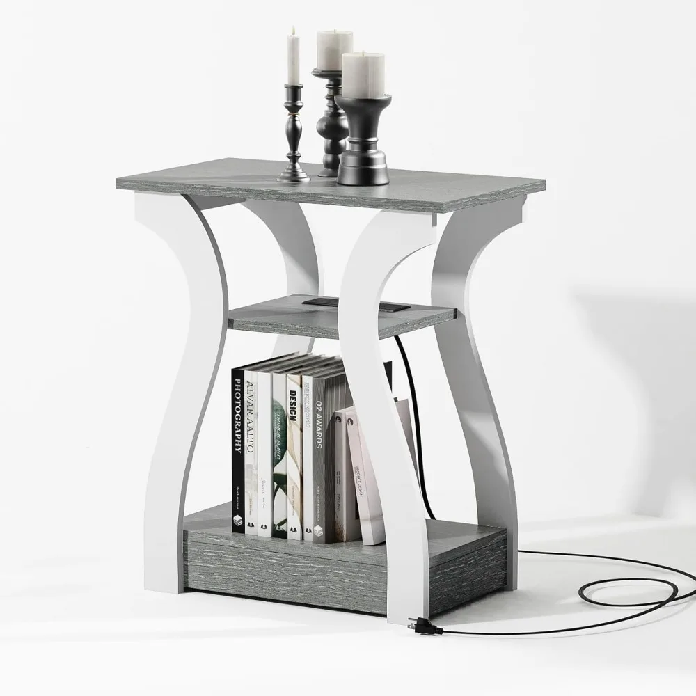 

End Tables Living Room, End Table with Charging Station, Grey End Table with USB Nightstand for Bedroom, 3 Tier Table