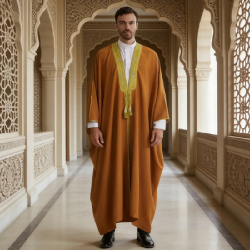 

Arabic Men Thickened Fabric Embroidery Outer Robe Long Thobe Exquisite Embroidery Craft Thickened Fabric