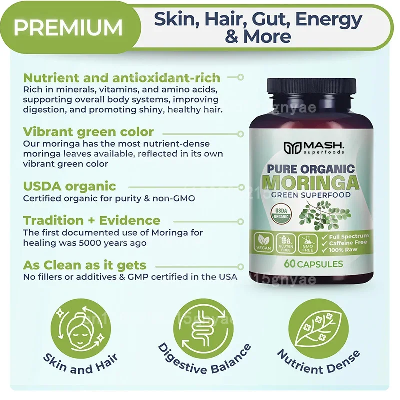 High Efficiency Moringa Capsules (Organic) | Immune Boost, Energy Enhancement & Natural Food Vitality & Cleanliness Support