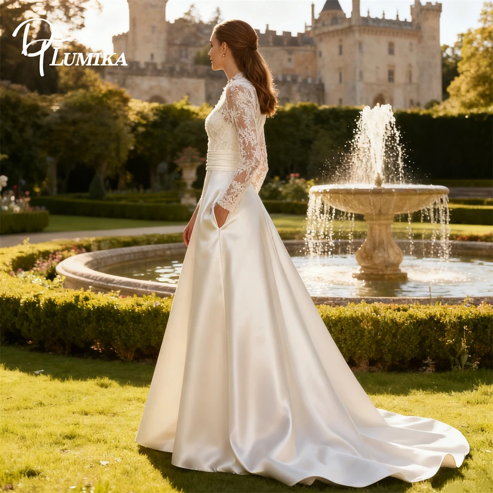 Satin Lace Wedding Dress with Pocket A Line Long Bride Dresses Full Illusion Sleeves Made-to-Order Womens Bridal Gown