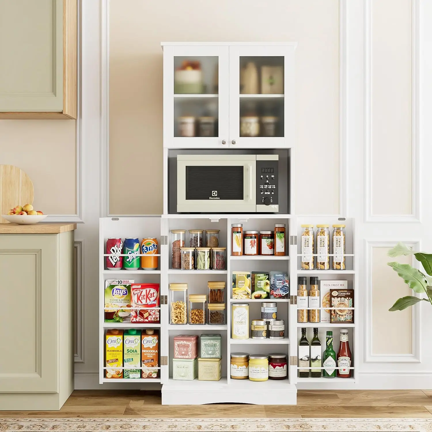 

Kitchen Pantry Storage Cabinet, 63'' Tall Pantry Cabinet with Glass Doors and Adjustable Shelves, Kitchen Cabinet