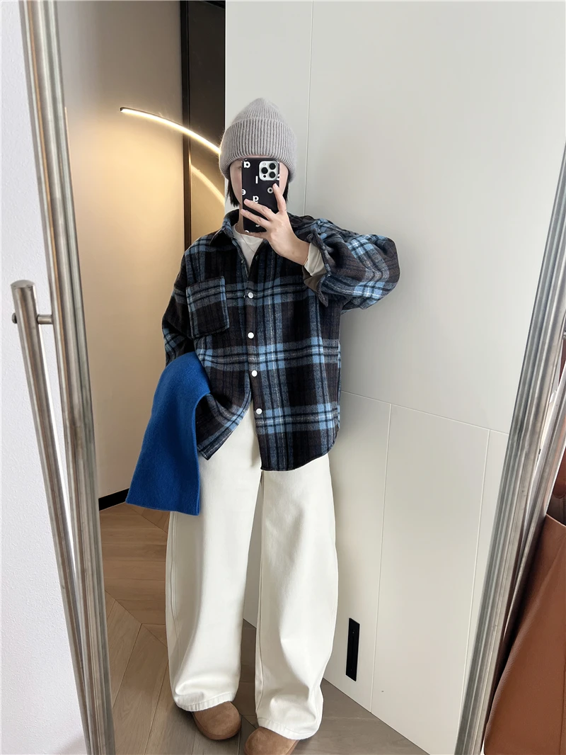 

Thiened Fce Woolen Plaid Collar irt Women's Winter New Sle Lazy Faion Coat Loose Fit Long Sve Button Closure