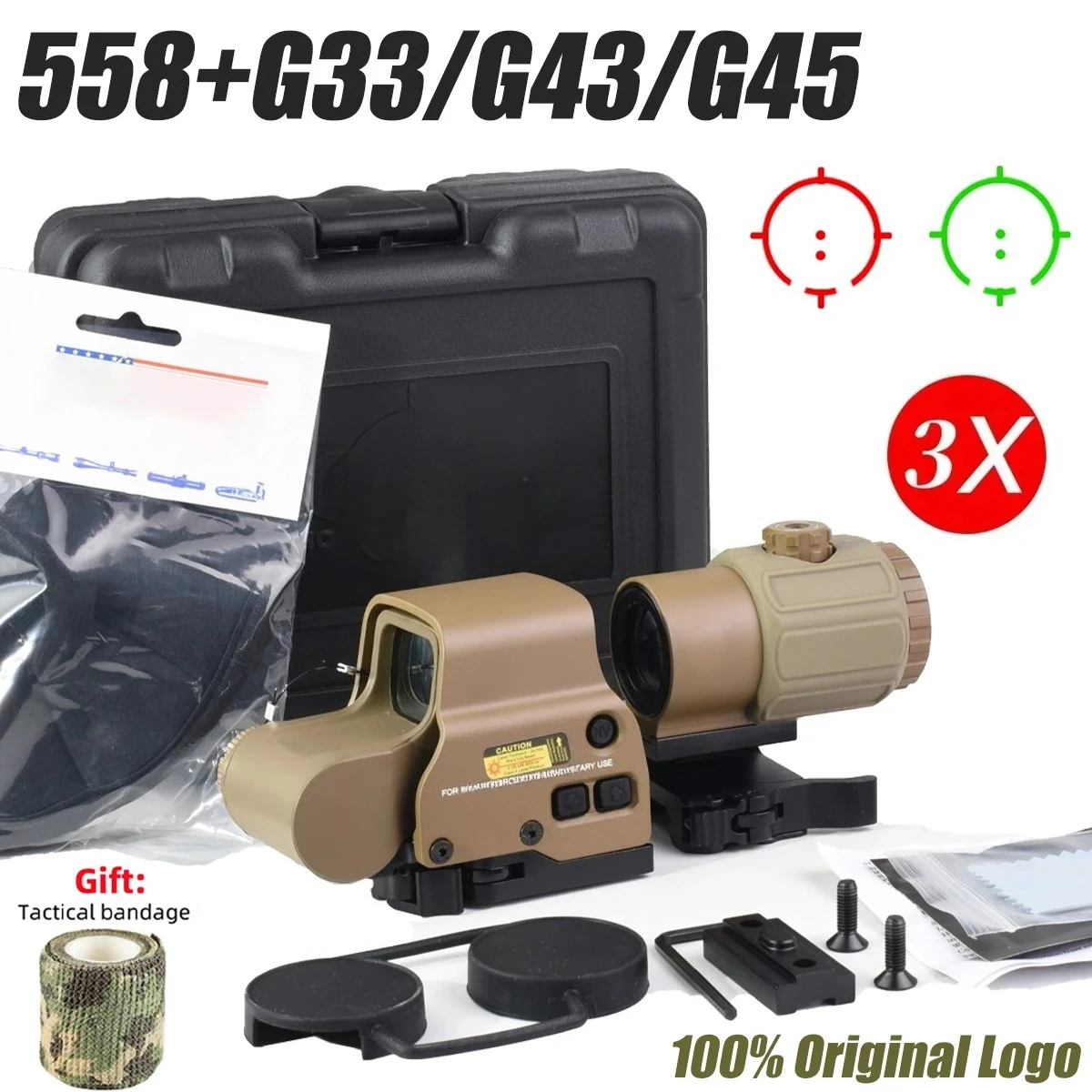 

Тактический голографический прицел ETCH 558+G33/G43/G45 с зеленым/красным точечным прицелом, увеличитель 3X/5X, лучшая реплика снаряжения для охоты