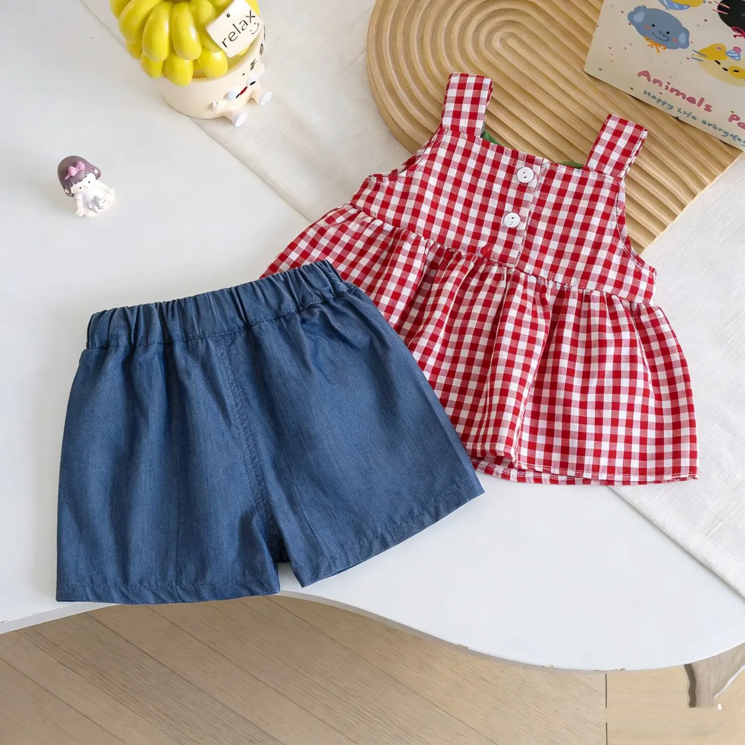 Girls 2026 Summer Clothing Set Girls Cute Strawberry Plaid Tank Top & Embroidered Shorts Outfit for Kids 2Pcs